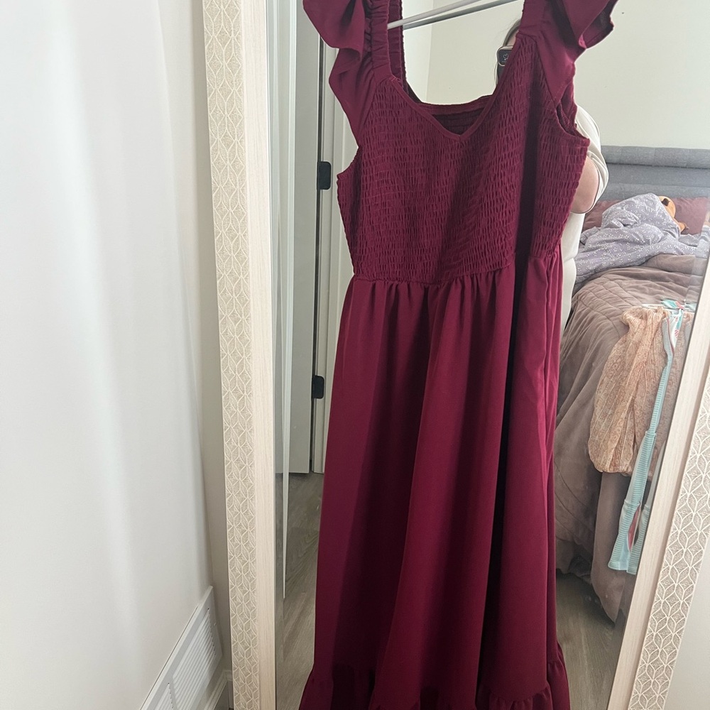 Burgundy Smocked Maxi Dress with Ruffle Sleeves